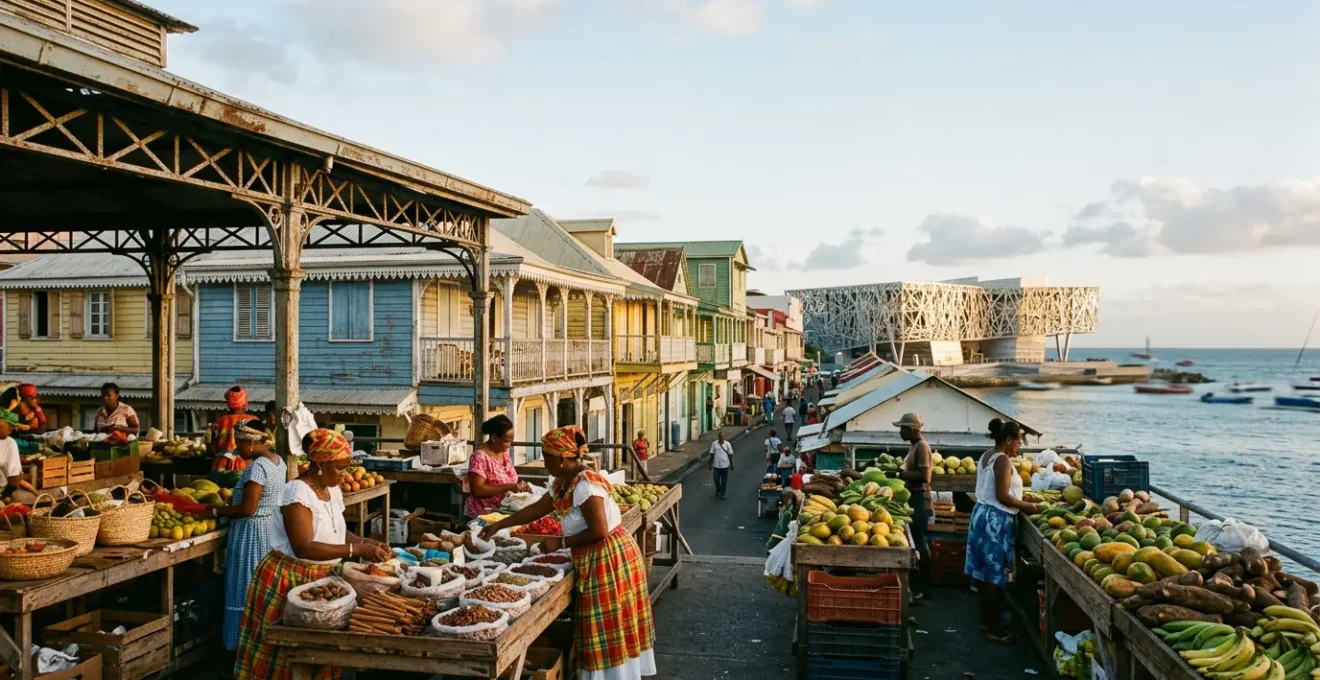 Scène vivante du marché traditionnel de Pointe-à-Pitre avec marchandes en madras et épices colorées sous architecture créole