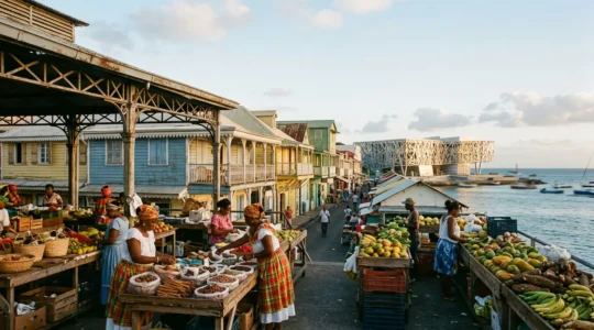 Scène vivante du marché traditionnel de Pointe-à-Pitre avec marchandes en madras et épices colorées sous architecture créole