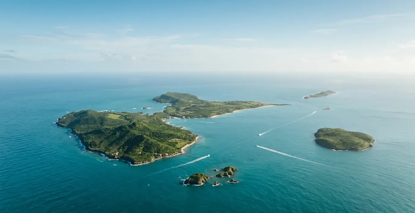 Vue aérienne éditoriale de l'archipel guadeloupéen montrant les îles satellites dispersées dans les eaux turquoise des Caraïbes