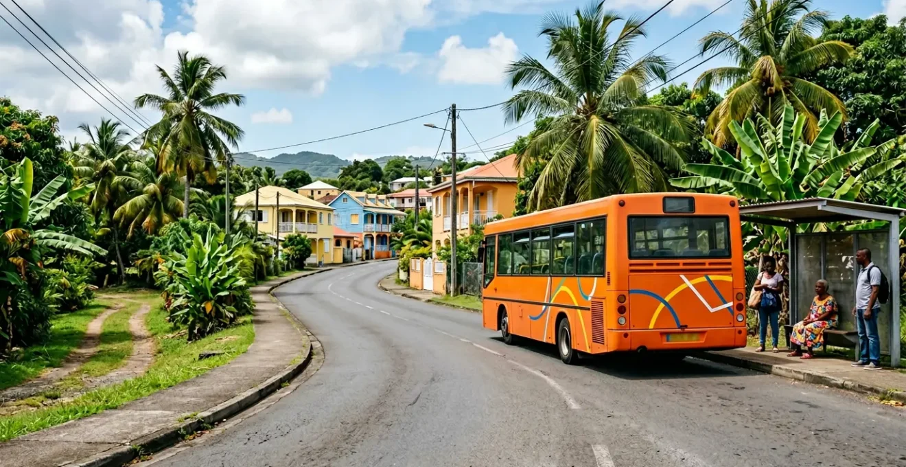 Bus de transport public Karulis à un arrêt en Guadeloupe avec des passagers attendant sous le soleil tropical