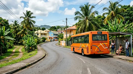 Bus de transport public Karulis à un arrêt en Guadeloupe avec des passagers attendant sous le soleil tropical