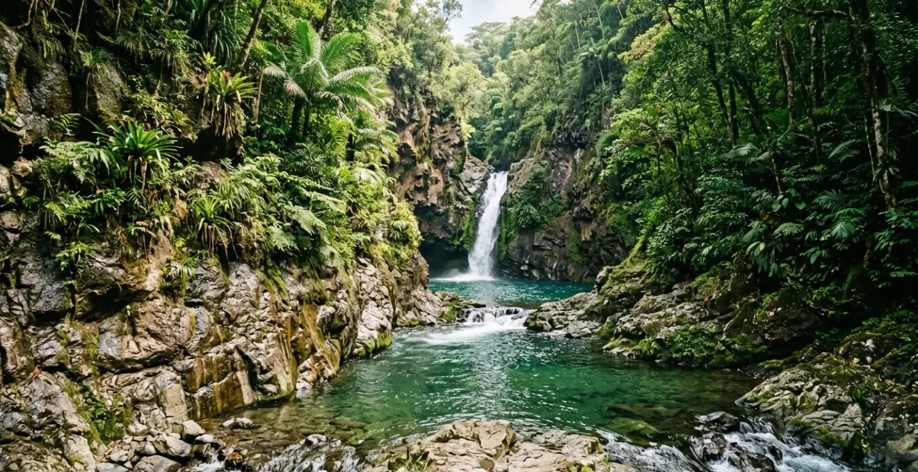 Parcours de canyoning en montagne tropicale avec cascades et végétation luxuriante de Guadeloupe