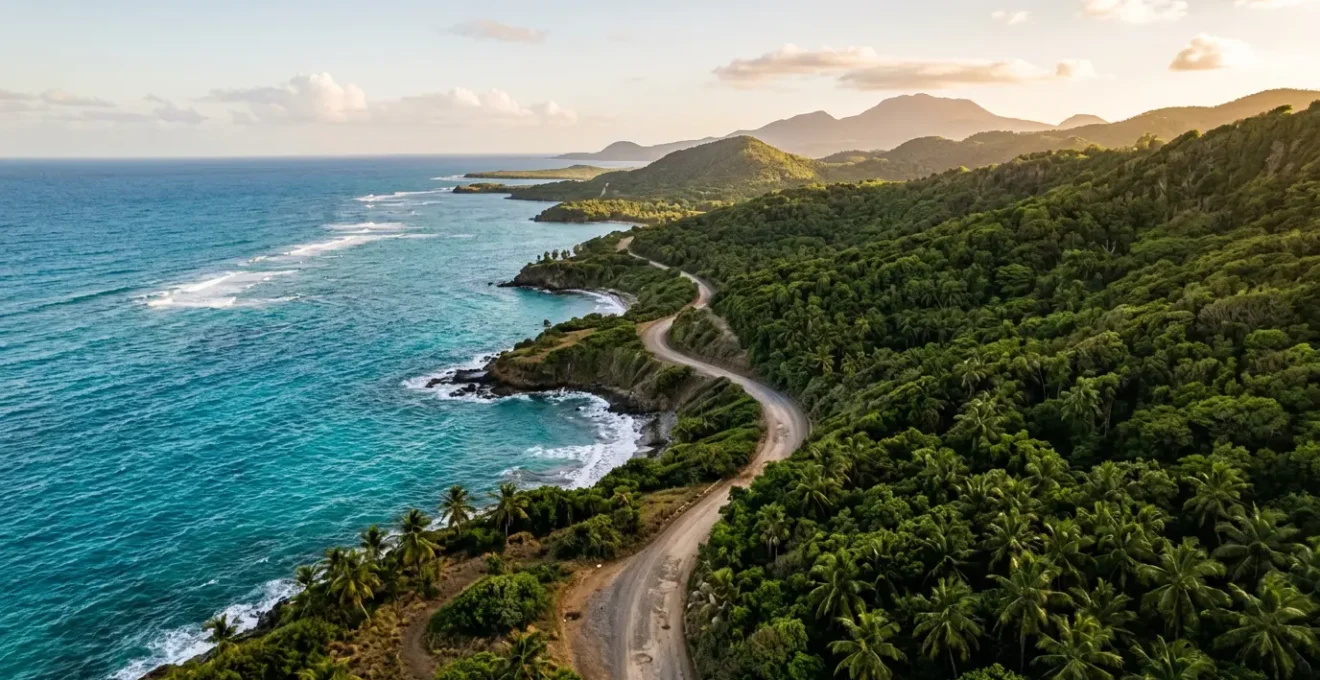 Vue aérienne d'une route sinueuse en Guadeloupe serpentant entre végétation tropicale luxuriante et mer turquoise, symbolisant le choix stratégique entre Basse-Terre et Grande-Terre