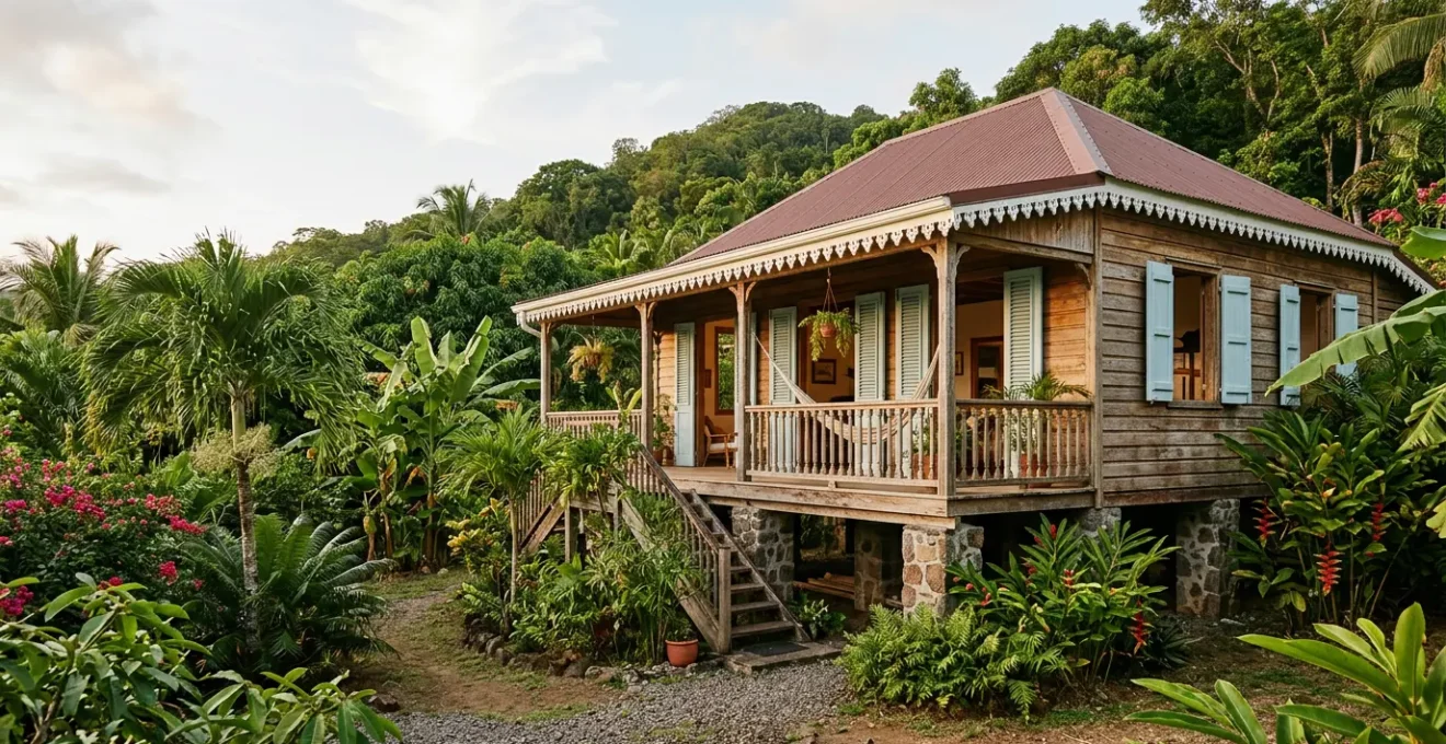 Case créole traditionnelle en bois avec jalousies ouvertes et varangue ombragée dans un jardin tropical luxuriant