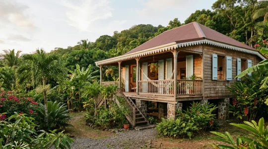 Case créole traditionnelle en bois avec jalousies ouvertes et varangue ombragée dans un jardin tropical luxuriant