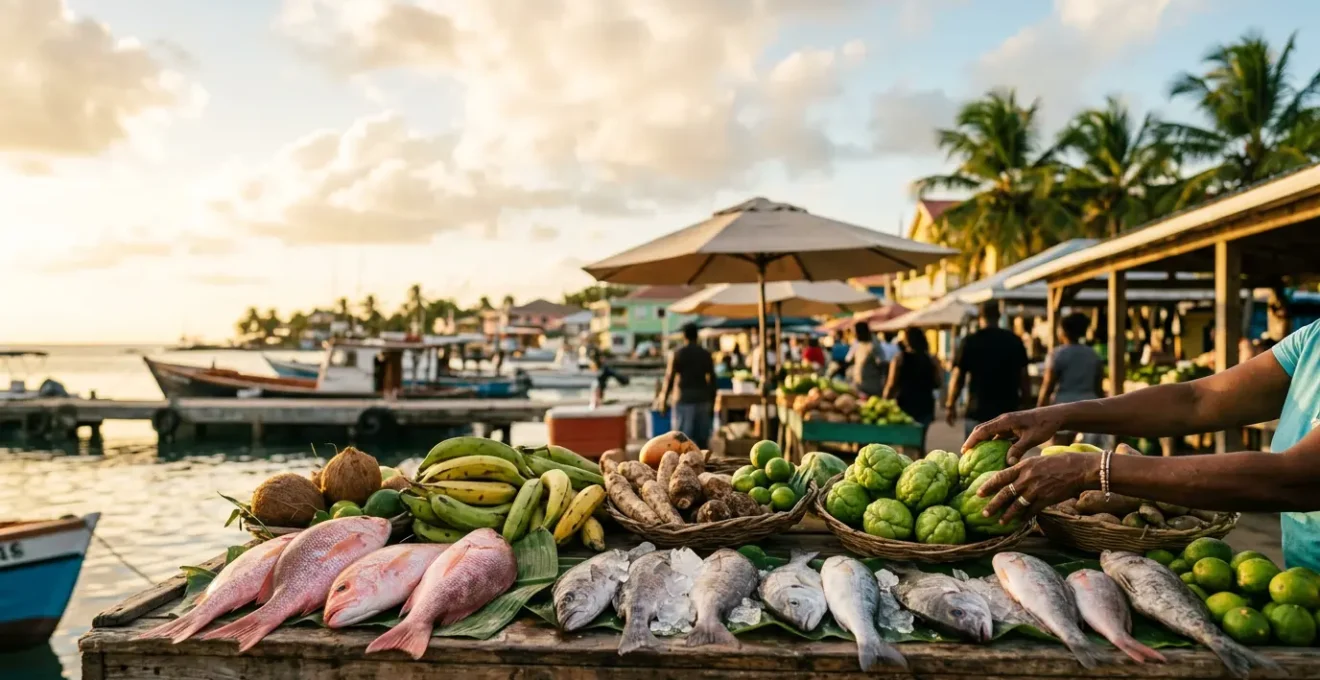 Étal de marché coloré avec produits frais locaux et poissons dans un port des Antilles