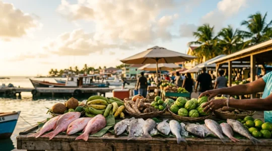 Étal de marché coloré avec produits frais locaux et poissons dans un port des Antilles