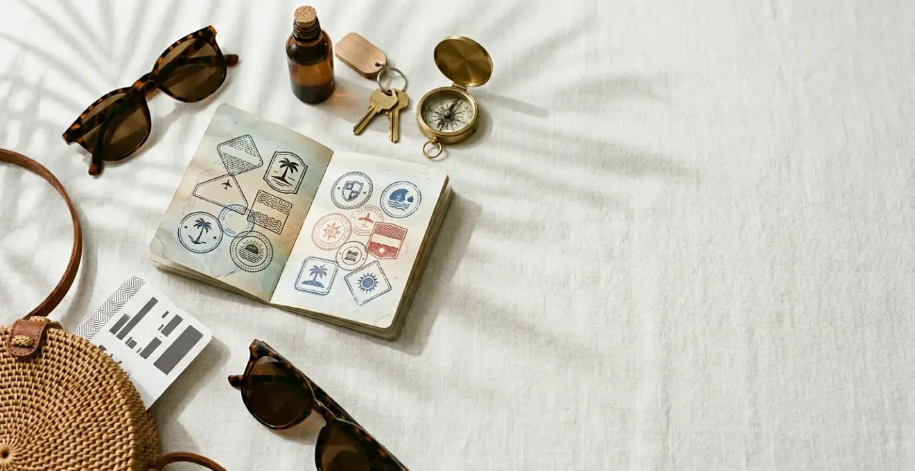 Documents de voyage essentiels pour un départ vers la Guadeloupe disposés sur une surface claire