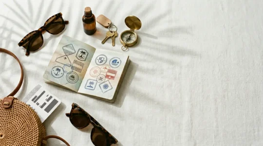 Documents de voyage essentiels pour un départ vers la Guadeloupe disposés sur une surface claire