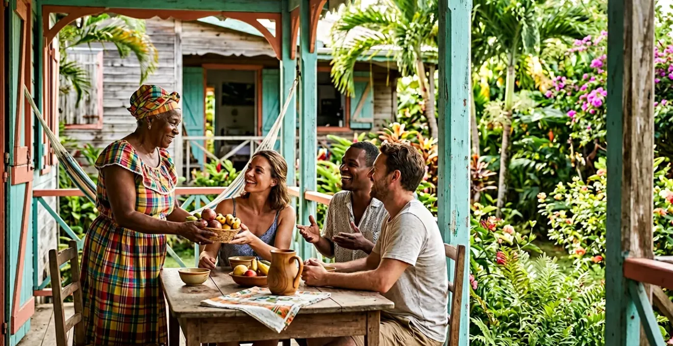 Scène authentique de convivialité guadeloupéenne illustrant l'échange humain chaleureux