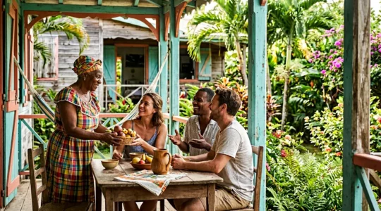 Scène authentique de convivialité guadeloupéenne illustrant l'échange humain chaleureux