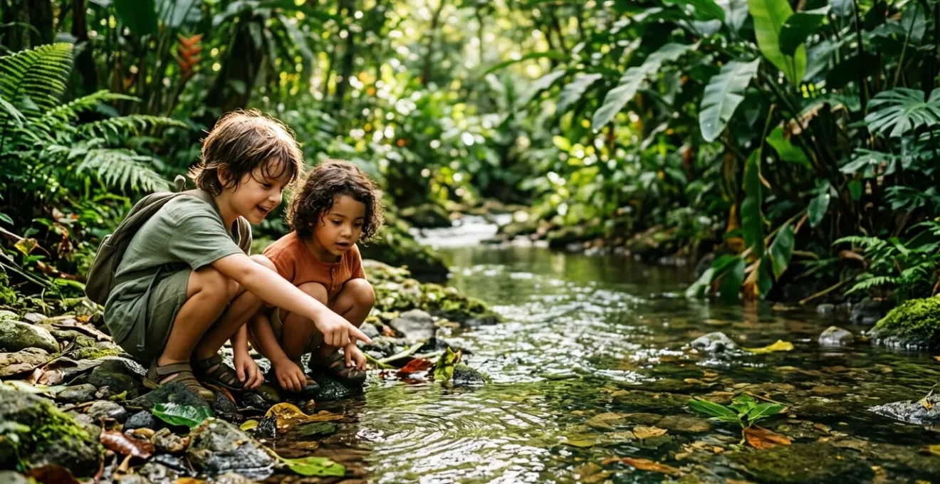 Enfants observant la nature luxuriante dans un environnement tropical paisible