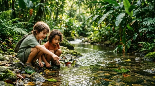 Enfants observant la nature luxuriante dans un environnement tropical paisible