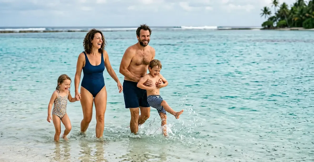 Famille profitant d'une baignade sécurisée dans un lagon aux eaux turquoise calmes et peu profondes