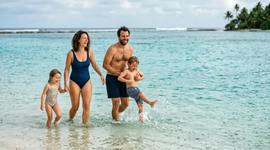 Famille profitant d'une baignade sécurisée dans un lagon aux eaux turquoise calmes et peu profondes