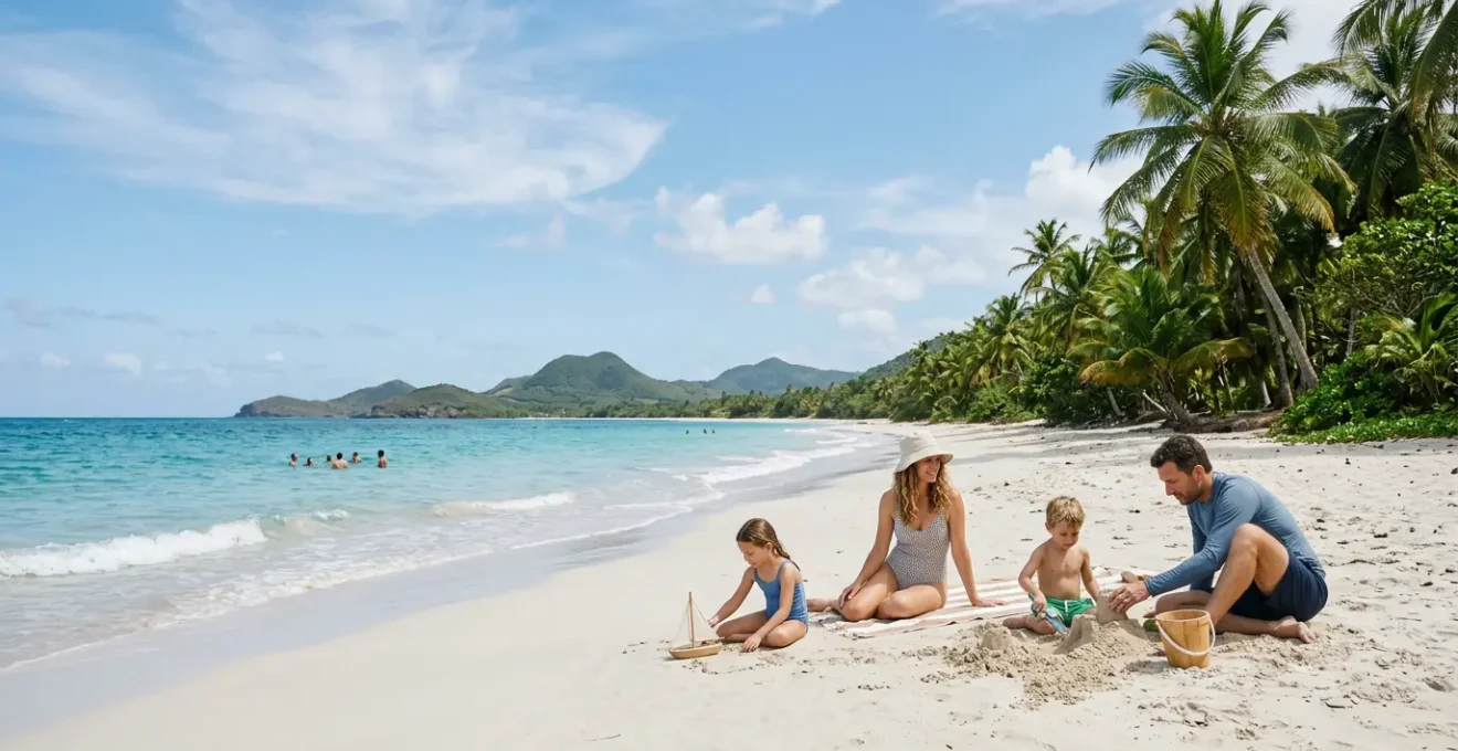 Famille avec jeunes enfants préparant leurs affaires de voyage pour la Guadeloupe sur une plage tropicale paradisiaque
