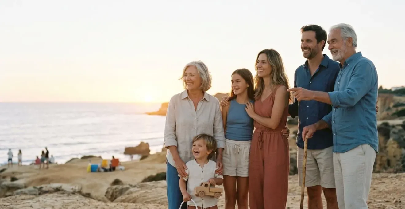 Famille multigénérationnelle profitant ensemble de vacances dans un environnement naturel lumineux