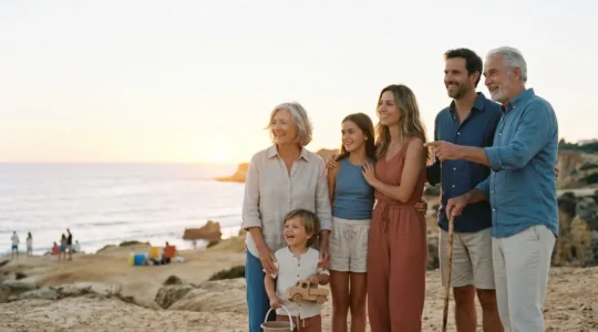 Famille multigénérationnelle profitant ensemble de vacances dans un environnement naturel lumineux
