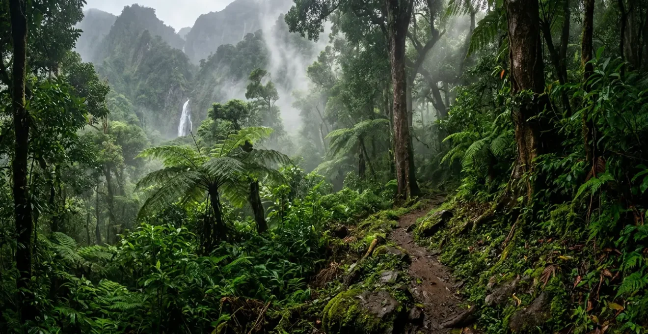 Forêt tropicale luxuriante de Basse-Terre en Guadeloupe avec cascades et végétation dense