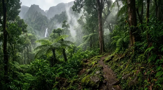 Forêt tropicale luxuriante de Basse-Terre en Guadeloupe avec cascades et végétation dense