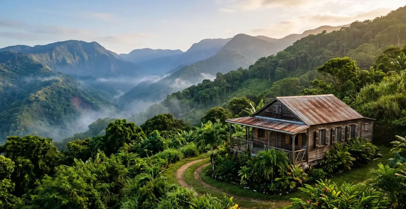 Vue panoramique d'un gîte créole traditionnel niché dans la végétation luxuriante des Grands Fonds en Guadeloupe