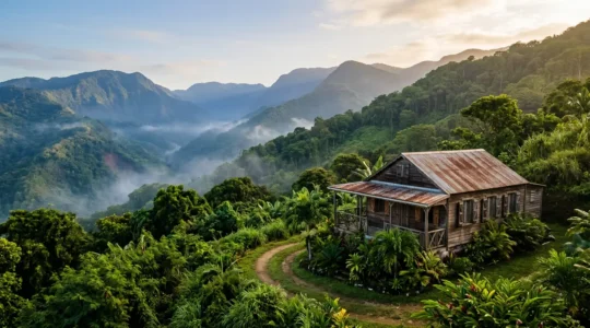 Vue panoramique d'un gîte créole traditionnel niché dans la végétation luxuriante des Grands Fonds en Guadeloupe