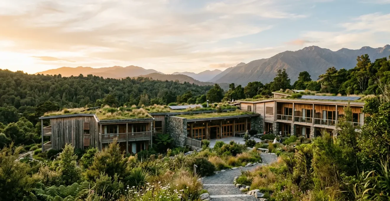 Vue architecturale d'un hébergement écologique intégré dans un environnement naturel préservé