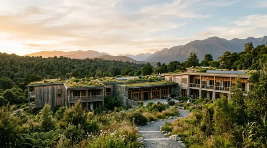 Vue architecturale d'un hébergement écologique intégré dans un environnement naturel préservé