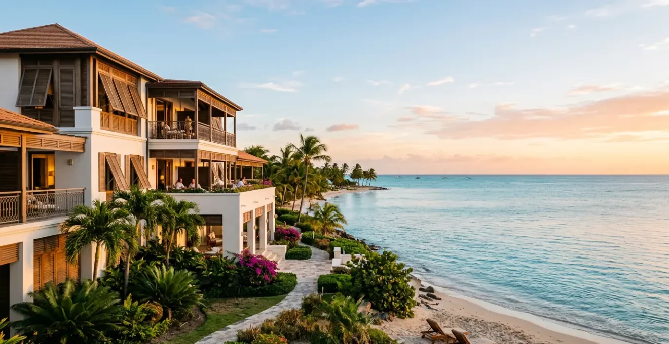 Façade d'hôtel de luxe en Guadeloupe avec architecture créole, vue sur mer des Caraïbes au coucher de soleil