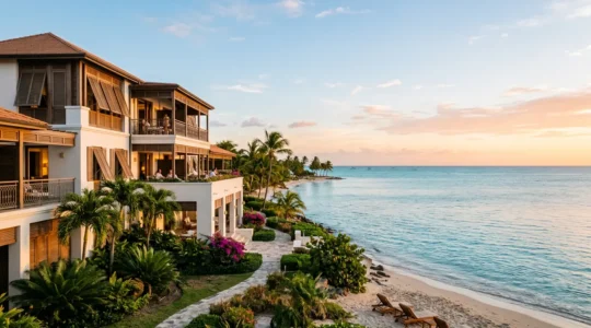Façade d'hôtel de luxe en Guadeloupe avec architecture créole, vue sur mer des Caraïbes au coucher de soleil