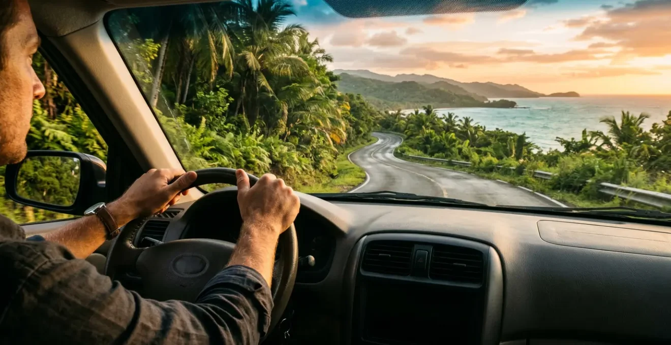 Vue depuis l'habitacle d'une voiture sur une route côtière de Guadeloupe au lever du soleil, végétation tropicale luxuriante en arrière-plan