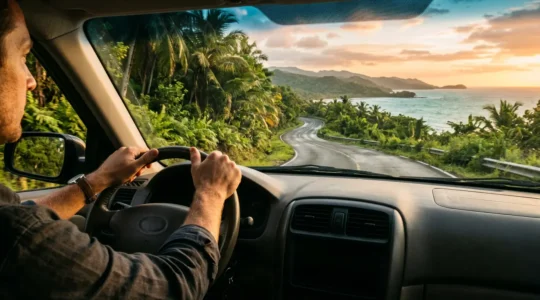 Vue depuis l'habitacle d'une voiture sur une route côtière de Guadeloupe au lever du soleil, végétation tropicale luxuriante en arrière-plan