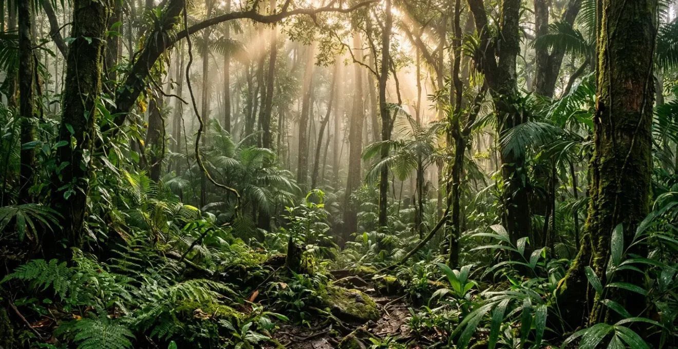 Scène naturaliste en forêt tropicale humide de Guadeloupe avec végétation dense et lumière filtrée