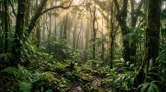 Scène naturaliste en forêt tropicale humide de Guadeloupe avec végétation dense et lumière filtrée