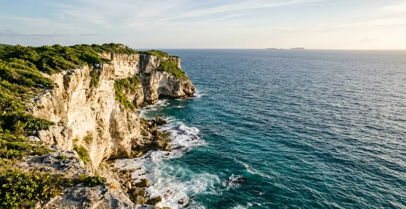 Falaises calcaires vertigineuses dominant l'océan Atlantique en Guadeloupe avec vue panoramique sur les eaux turquoise