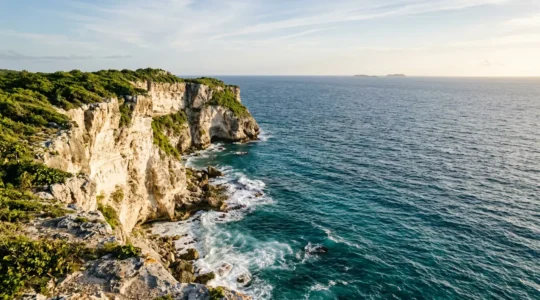 Falaises calcaires vertigineuses dominant l'océan Atlantique en Guadeloupe avec vue panoramique sur les eaux turquoise