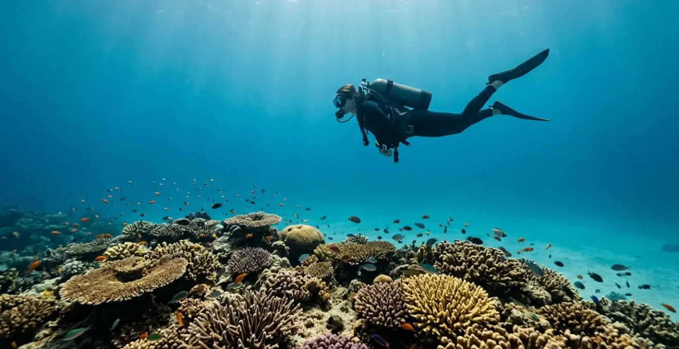 Plongeur en position horizontale parfaite démontrant une flottabilité neutre au-dessus d'un récif corallien intact