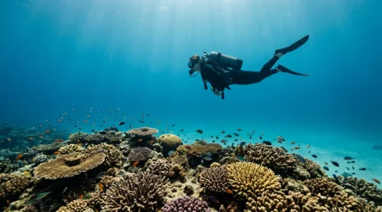 Plongeur en position horizontale parfaite démontrant une flottabilité neutre au-dessus d'un récif corallien intact
