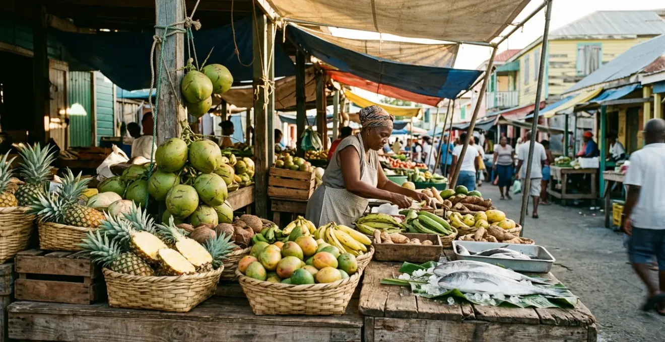 Étal de marché guadeloupéen présentant des produits locaux frais et authentiques