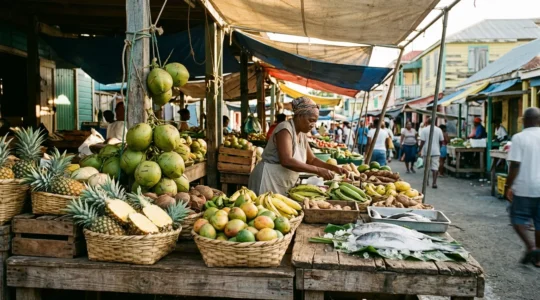 Étal de marché guadeloupéen présentant des produits locaux frais et authentiques