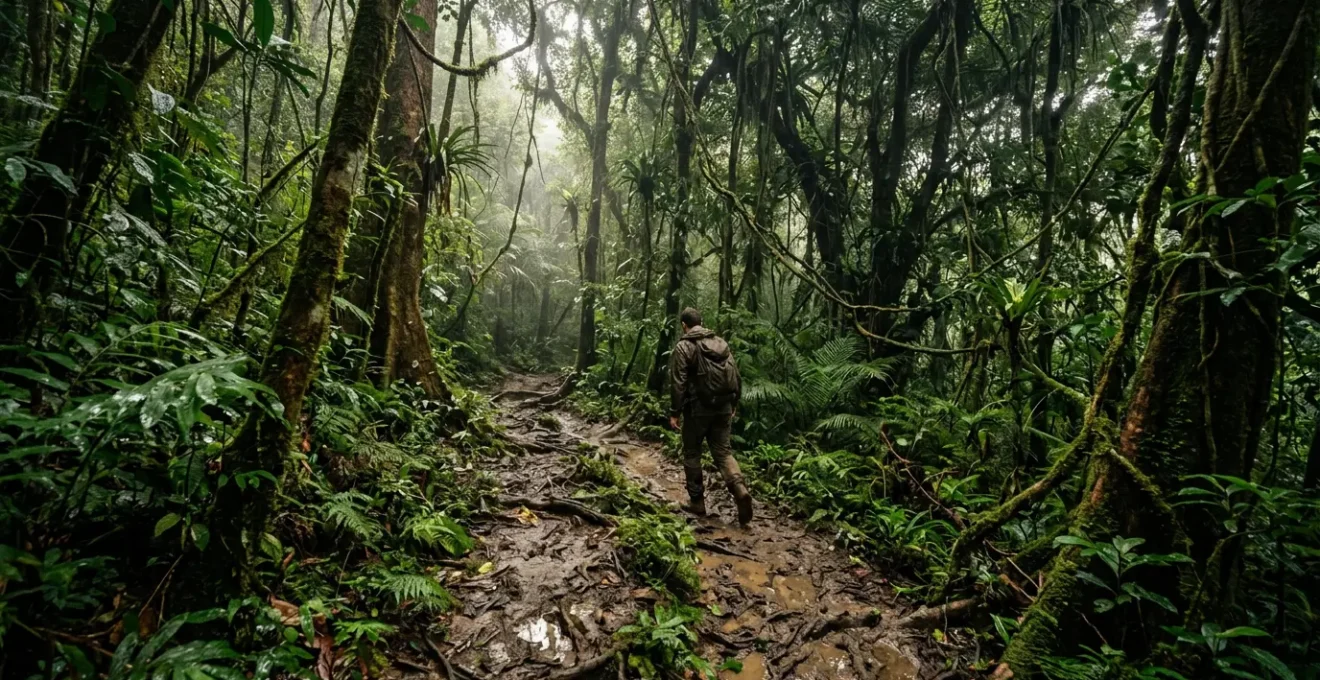 Randonneur équipé traversant un sentier boueux en forêt tropicale humide avec végétation luxuriante