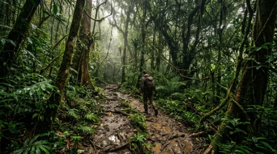 Randonneur équipé traversant un sentier boueux en forêt tropicale humide avec végétation luxuriante
