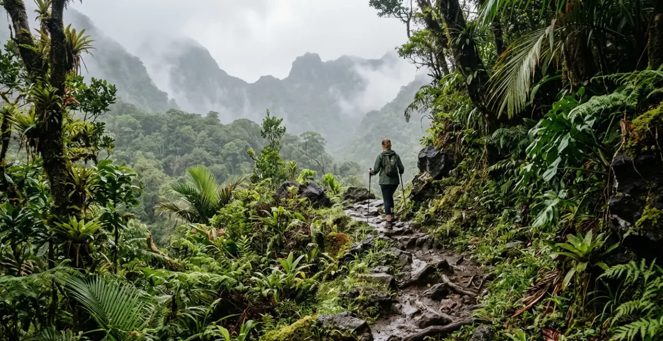 Randonneur équipé sur sentier tropical humide en Guadeloupe avec végétation dense