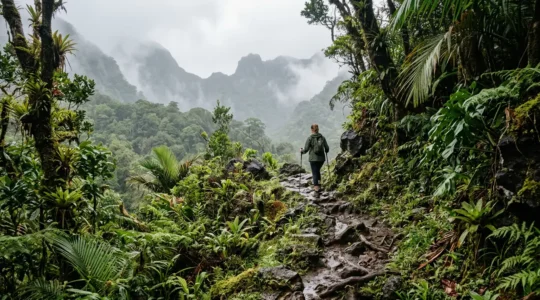 Randonneur équipé sur sentier tropical humide en Guadeloupe avec végétation dense