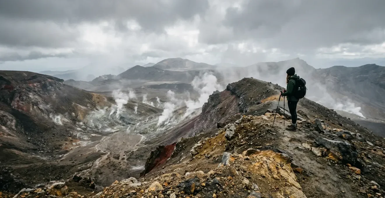 Randonneur au sommet du volcan de la Soufrière en Guadeloupe entouré de fumerolles