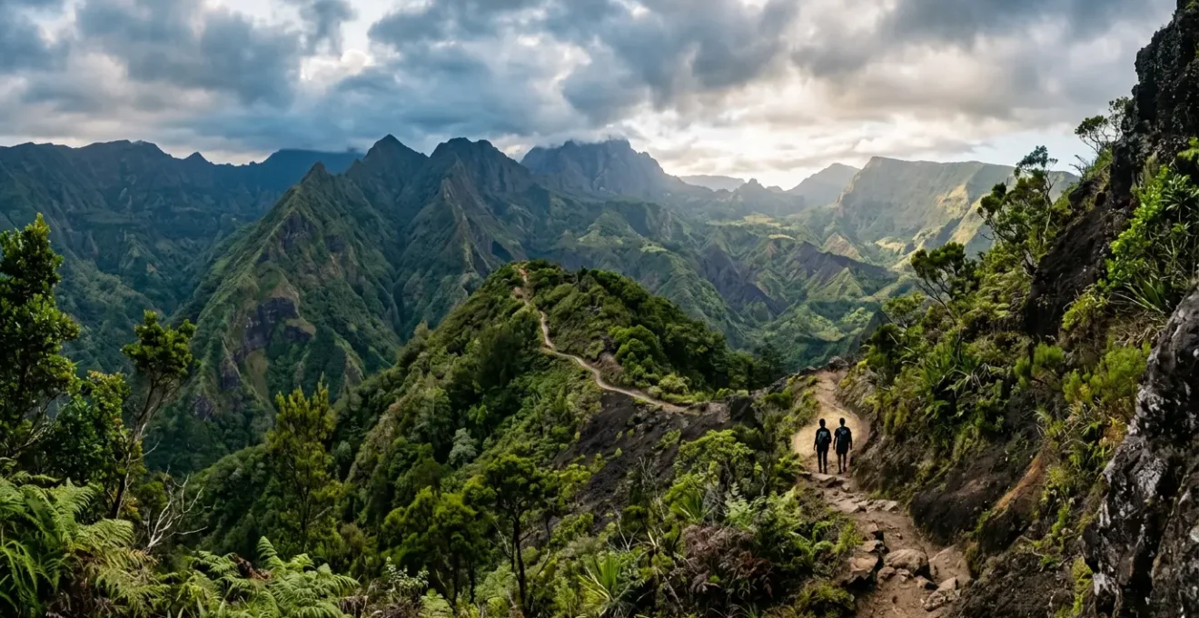 Randonneurs sur un sentier de montagne dans le Parc National de la Réunion sous un ciel tropical