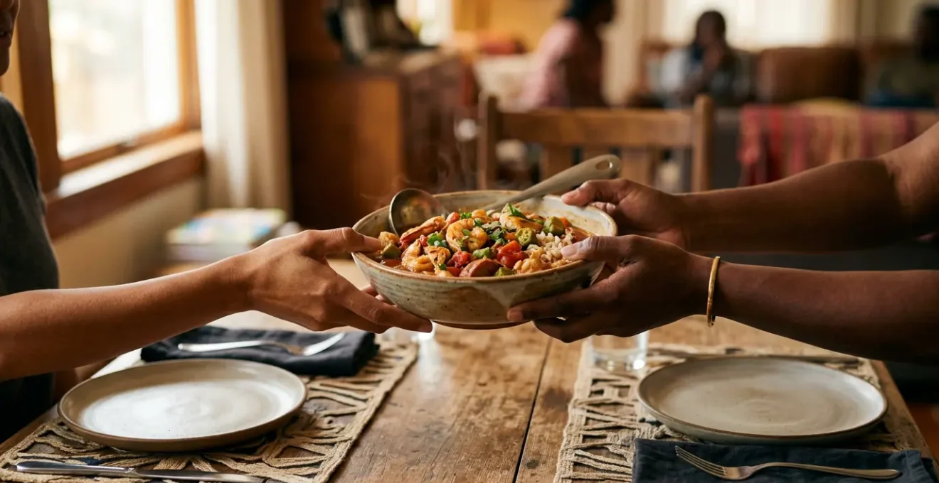 Moment de partage autour d'une table d'hôtes avec des plats créoles authentiques
