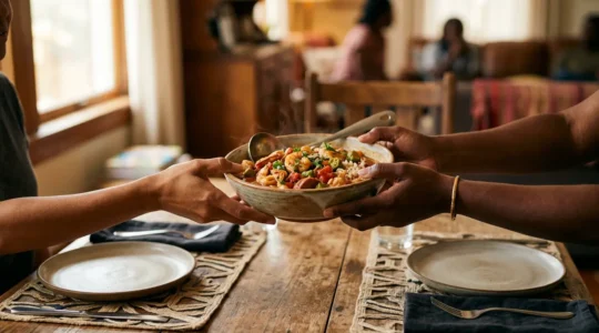 Moment de partage autour d'une table d'hôtes avec des plats créoles authentiques
