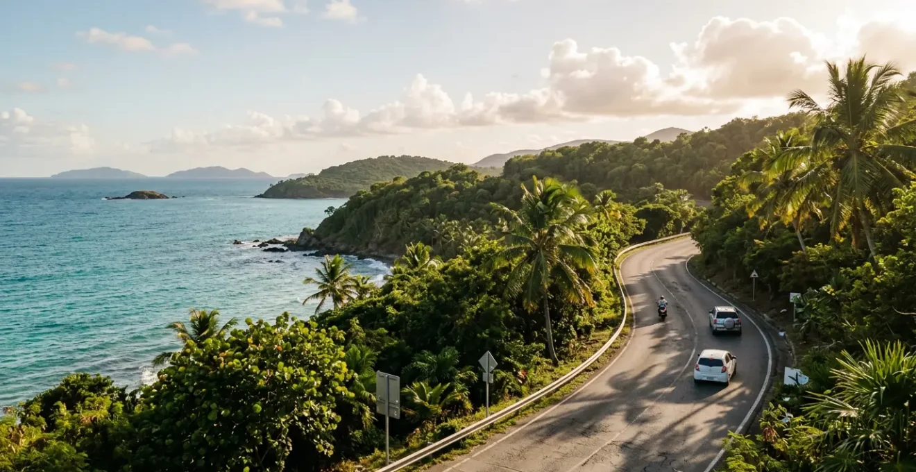 Route en Guadeloupe avec perspective sur la circulation en zone tropicale