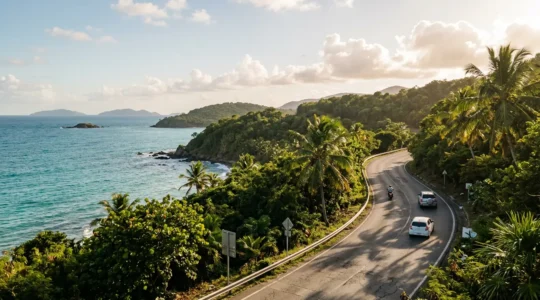 Route en Guadeloupe avec perspective sur la circulation en zone tropicale